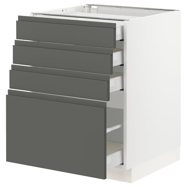 A modern, white SEKTION kitchen cabinet with dark grey velvet drawers featuring integrated handles.