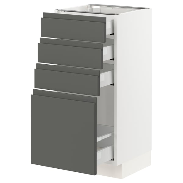 Modern, white kitchen cabinet with five grey drawers, featuring a sleek, integrated handle design.