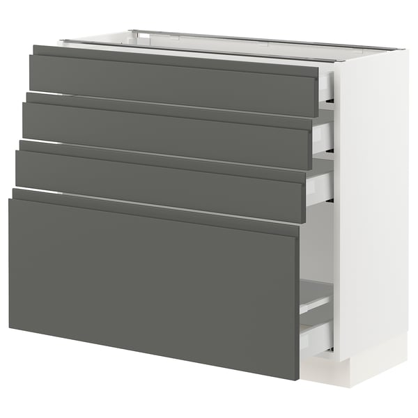 SEKTION kitchen unit, grey drawers, modern design, four drawers, white frame.
