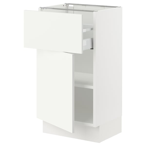 A white SEKTION kitchen cabinet with a single drawer and adjustable shelves.