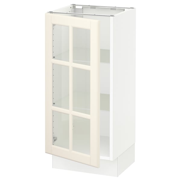 SEKTION off-white kitchen cabinet with glass doors and bevelled edges.