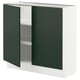 An open, white SEKTION cabinet with green doors and three adjustable shelves.