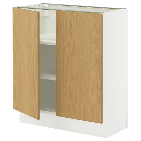 White and oak kitchen cabinet with two open doors. Sturdy frame, adjustable shelves.
