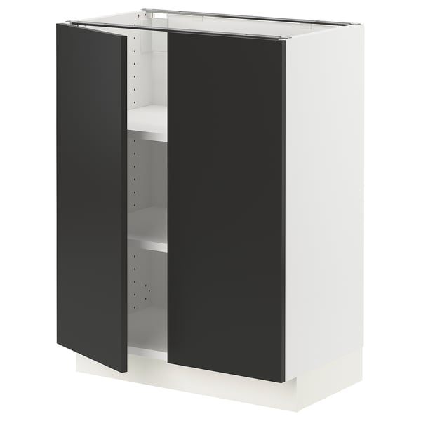 Depicts a SEKTION kitchen cabinet with black matt nickebo doors and a white frame. It adjustable shelves and a door damper for slow closure.