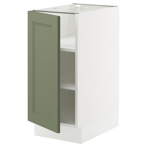 SEKTION kitchen cabinet, grey-green, white interior, square shape, modern design.