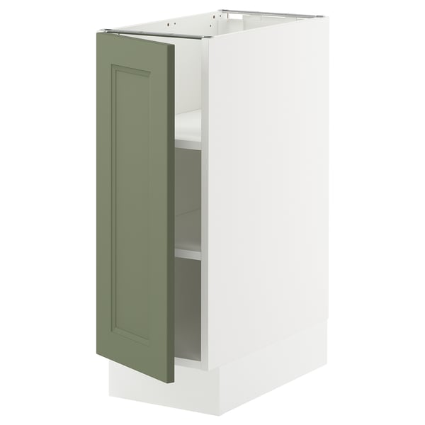 White SEKTION kitchen cabinet with sage green door.