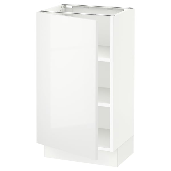 A high-gloss white SEKTION kitchen cabinet with adjustable shelves and a door that can open either left or right.
