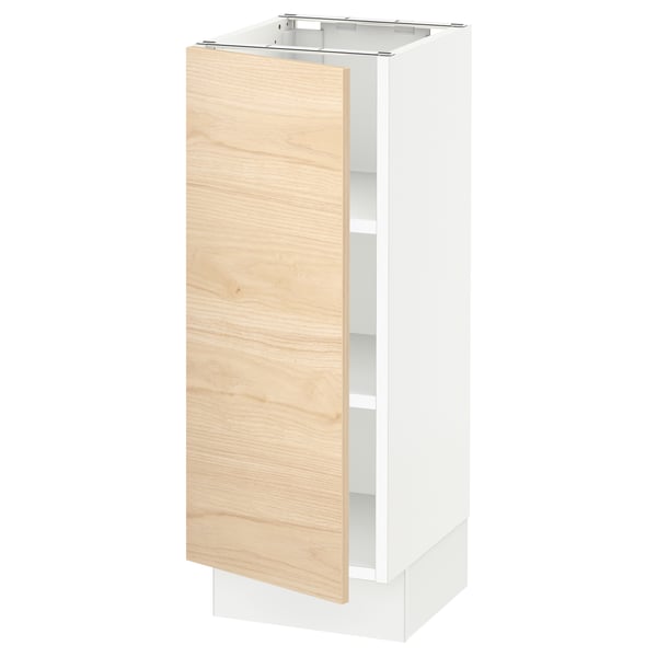 A white SEKTION kitchen cabinet with a light wood door. The cabinet a sleek, rectangular shape with an open door revealing adjustable shelves inside.
