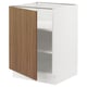 White cabinet with walnut door, right-hinged, open, adjustable shelves.