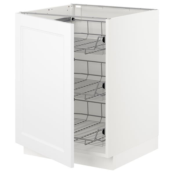 Displays a white SEKTION kitchen cabinet with wire shelves. The cabinet a pull-out system, suitable for storing pots, pans, and containers.
