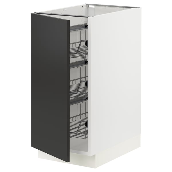 SEKTION kitchen cabinet - matt black door, white base, wire baskets.
