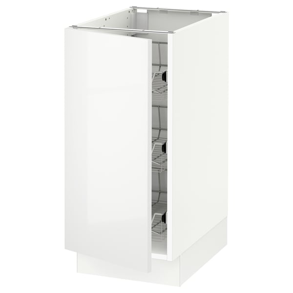 White high-gloss kitchen cabinet, sleek rectangular shape, modern design with metal hinges and pull-out shelves.
