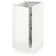 White high-gloss kitchen cabinet, sleek rectangular shape, modern design with metal hinges and pull-out shelves.
