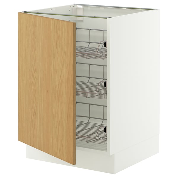 A white SEKTION kitchen cabinet with an open light wooden door, revealing four wire shelves inside.