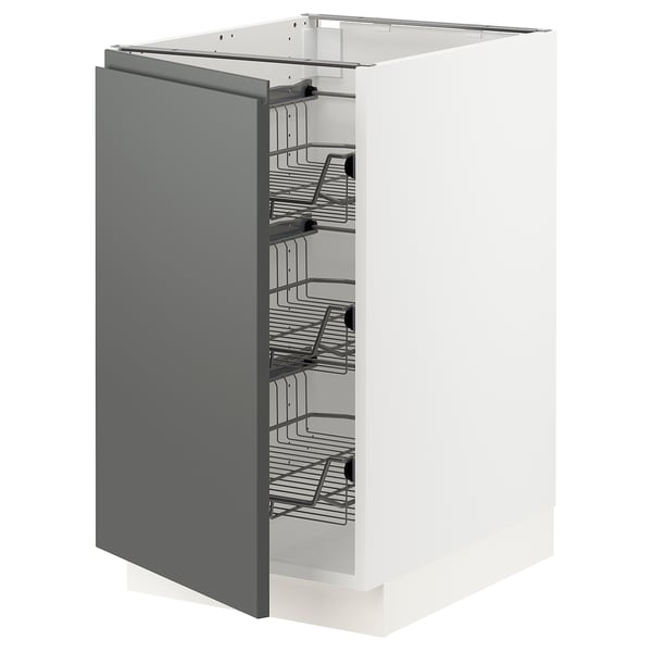 SEKTION kitchen unit in dark grey with pull-out wire baskets.