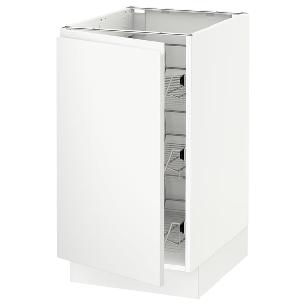 SEKTION: modern white kitchen cabinet with integrated handles, featuring wire drawers for storage.