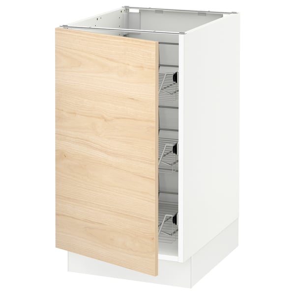 Wooden ikea SEKTION kitchen cabinet, light wood, white frame, open shelves.