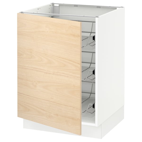 Ikea SEKTION kitchen cabinet with open door, light ash wood fronts, wire shelves.