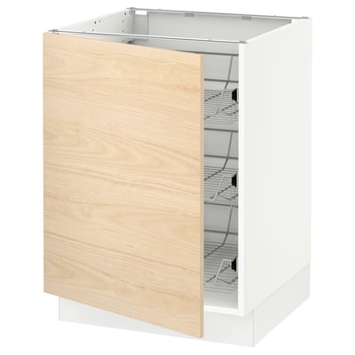 Ikea SEKTION kitchen cabinet with open door, light ash wood fronts, wire shelves.