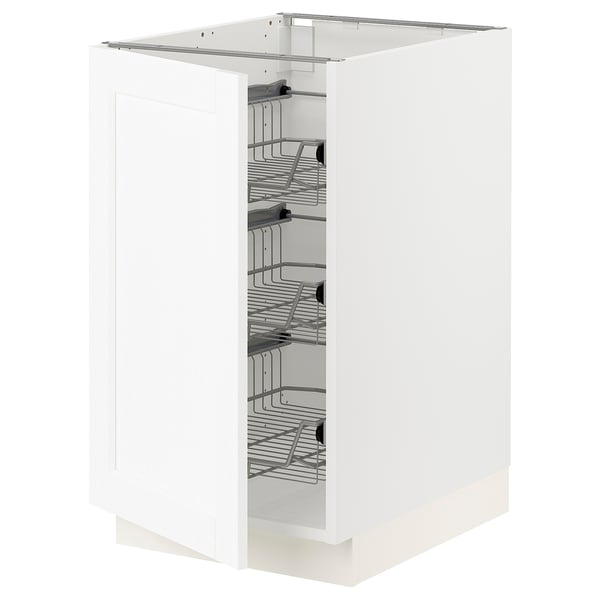 White SEKTION kitchen cabinet with pull-out wire baskets.