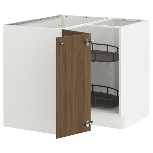 White kitchen cabinet with walnut door and pull-out tray.