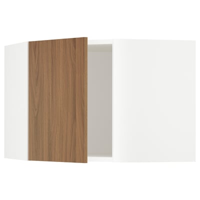 SEKTION walnut-toned kitchen cabinet with white frame and adjustable shelves.