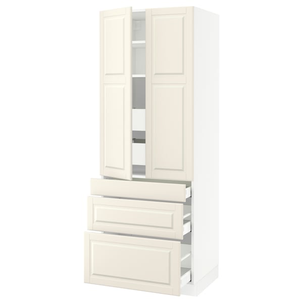 Off-white SEKTION cabinet with bodbyn fronts and traditional bevelled edges. Multiple drawers and shelves.