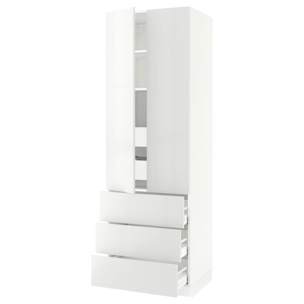 White SEKTION kitchen unit with glossy drawers and cabinet, high and sleek design.