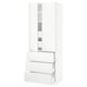 A white SEKTION kitchen cabinet with three drawers and two doors. It a modern, minimalist design.