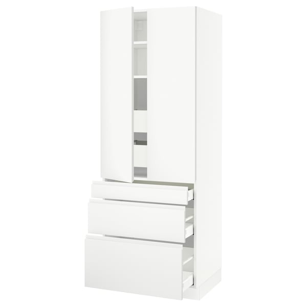 White kitchen cabinet, modern design, multiple drawers and shelves, high quality materials.