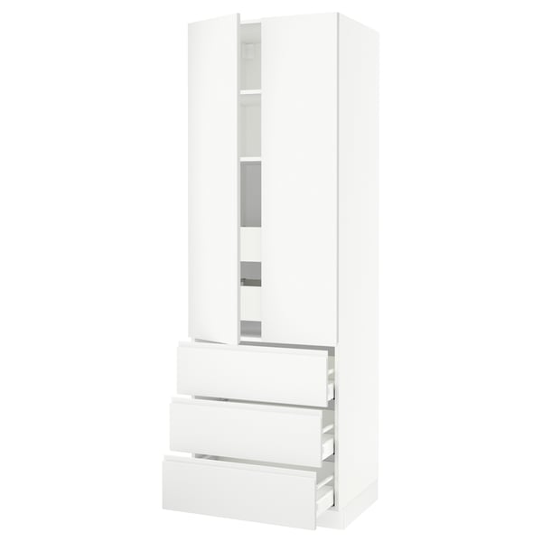SEKTION white kitchen unit: tall, modern, minimalist, with adjustable shelves, smooth drawers, and sleek handles.