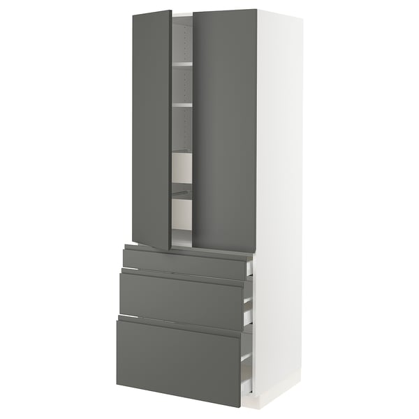 Displays a modern, tall kitchen cabinet in white with dark grey drawers and doors. It has an adjustable shelf inside and integrated handles.