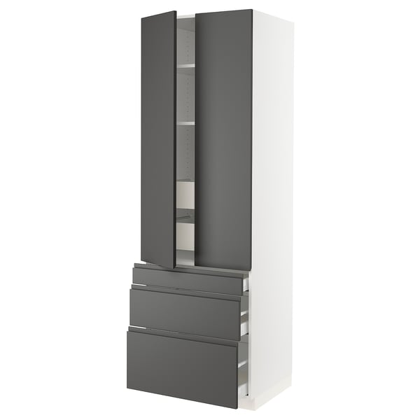 A modern, tall grey SEKTION kitchen cabinet with drawers and open compartments, designed by IKEA.