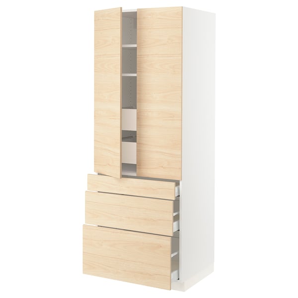Modern light ash wood kitchen cabinet with adjustable shelves.