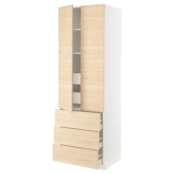A tall SEKTION kitchen cabinet with light ash wood doors and multiple shelves and drawers.