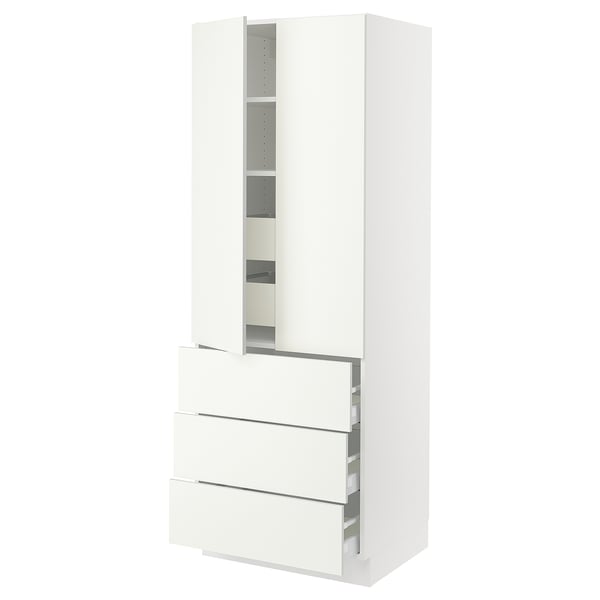 White ikea SEKTION kitchen cabinet with drawers and adjustable shelves.