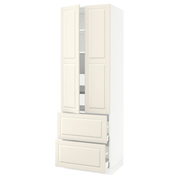 A white SEKTION kitchen cabinet with two doors and three drawers, featuring traditional off-white styling and bevelled edges.