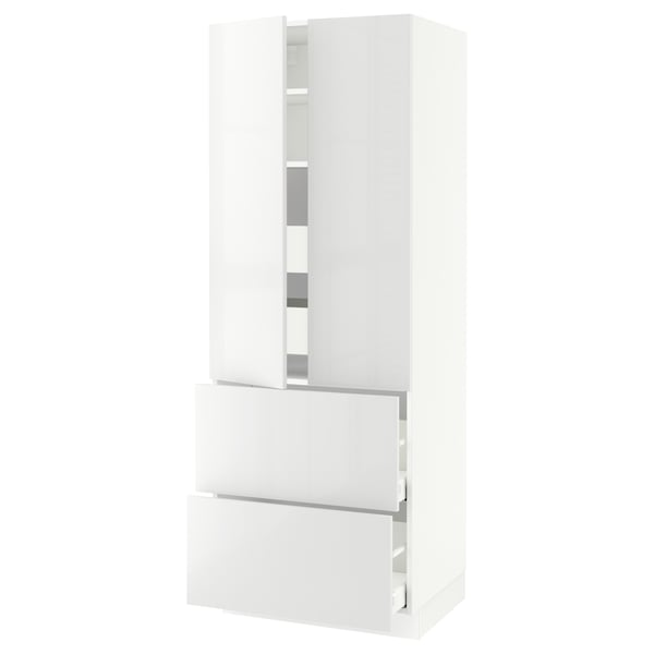 Modern white kitchen cabinet with drawers, glossy finish, vertical shape, sleek design.