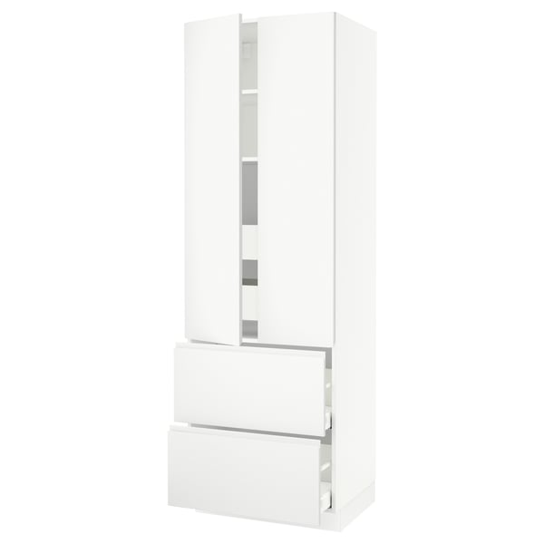 Modern white kitchen cabinet with minimalist design and integrated handles.