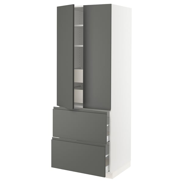 Modern kitchen cabinet in dark grey with two drawers and two adjustable shelves.