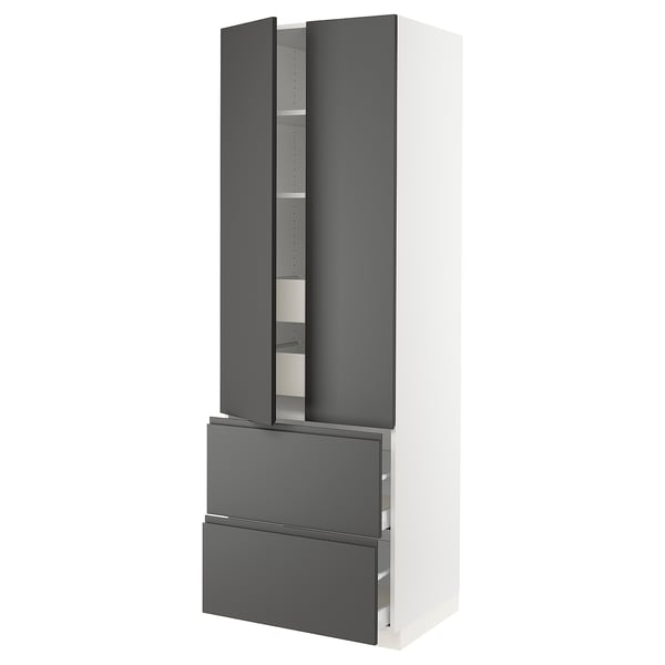 SEKTION kitchen unit, tall, white with dark grey drawers and cabinet doors, minimalist design, metallic handles.