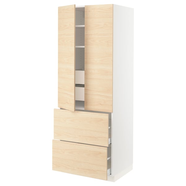 Light wood and white cabinet, modern design, adjustable shelves, soft-close drawer.