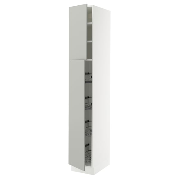 A white SEKTION tall kitchen cabinet with multiple shelves and drawers. The cabinet sleek light grey doors and is designed for modern kitchen storage.