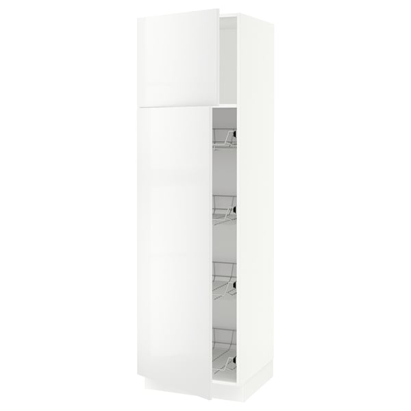 White kitchen cabinet with high gloss, two shelves, snap hinges for door, and wire racks. Modern, sleek design.