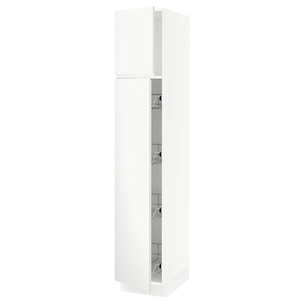SEKTION kitchen cabinet in white with wire baskets and soft-closing hinges.