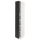 Modern black and white tall kitchen cabinet with pull-out storage.
