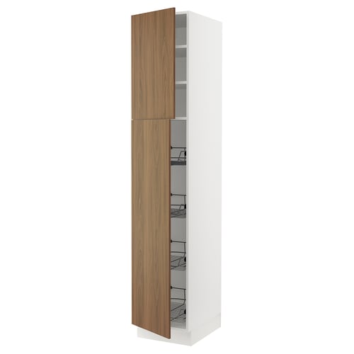 A white SEKTION kitchen cabinet with wooden doors, featuring multiple pull-out wire baskets for storage.