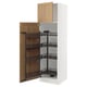 Open white kitchen cabinet with pull-out shelves. One door open, reveals black metal racks and wooden panel.