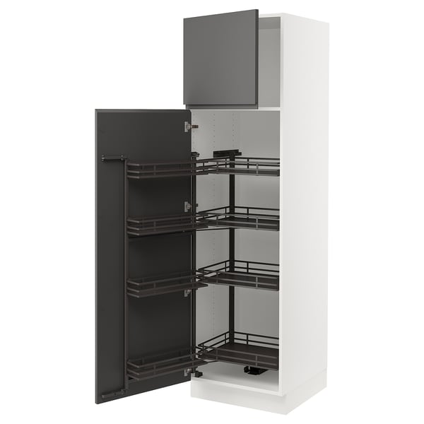Displays a tall SEKTION kitchen cabinet in white with dark grey pull-out shelves and door. It a sleek, modern design with integrated handles.