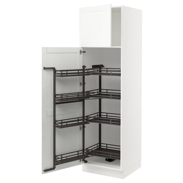 White SEKTION kitchen cabinet with pull-out shelves. Metal shelves on top, glass on bottom. Modern, practical design for storage.